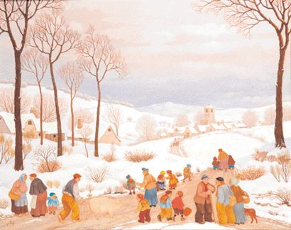 ESPEJO Jean (1931). "Scène villageoise sous la neige". Huile sur toile signée en...