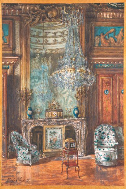 GÉLIBERT Gaston (1850-1931). "Intérieur de château". Aquarelle, signée en bas à gauche...