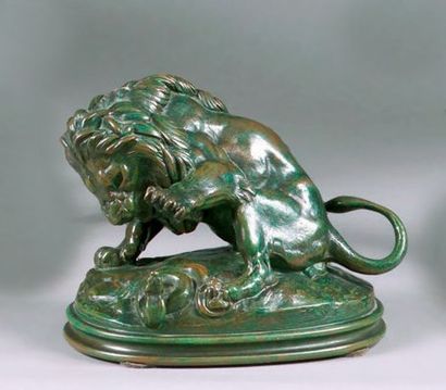 BARYE Antoine-Louis (1796-1875) d'après "Lion au serpent n°3" Epreuve en bronze à...