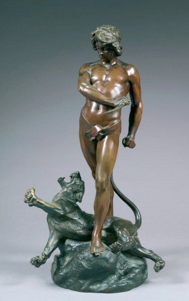 POTET Loys (1866 à Nantes XX). "La chasse au léopard". Bronze à patine médaille signé...