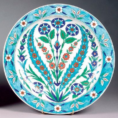 DECK Théodore (1823-1891). Plat circulaire sur talon à décor floral polychrome symétrique...