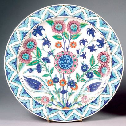 DECK Théodore (1823-1891). Plat circulaire sur talon à décor floral polychrome dans...