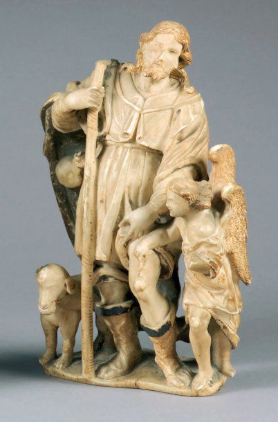 null Groupe en albâtre sculpté représentant Saint Roch, en habit de pèlerin avec...