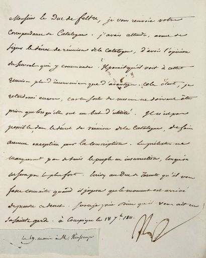  Décret de réunion de la Catalogne. Lettre signée Np., adressée au Duc de Feltre....
