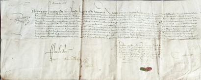 HENRI IV (1553-1610) Roi de France. Pièce signée "Henry" sur parchemin, datée de...