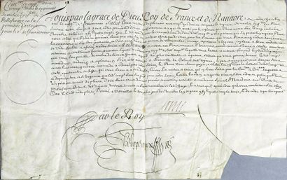 LOUIS XIV (1638-1715) Roi de France Pièce manuscrite signée "Louis" rédigée sur parchemin....
