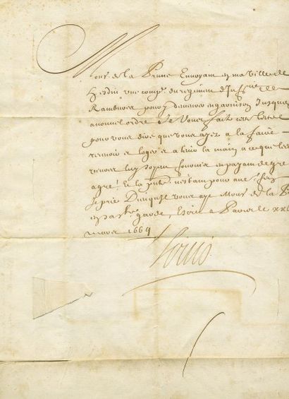 LOUIS XIV (1638-1715) Roi de France Ordre signé "Louis" adressé à M. de la Prune,...