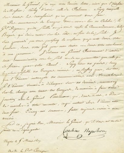 MURAT Joachim Napoléon (1767-1815) Roi de Naples. Lettre signée adressée de Naples,...