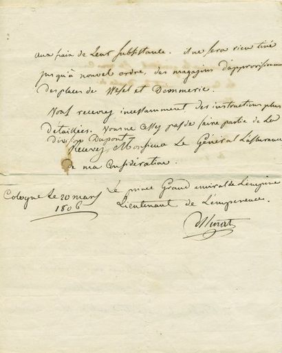 MURAT Joachim Napoléon (1767-1815) Roi de Naples. Lettre autographe signée, adressée...
