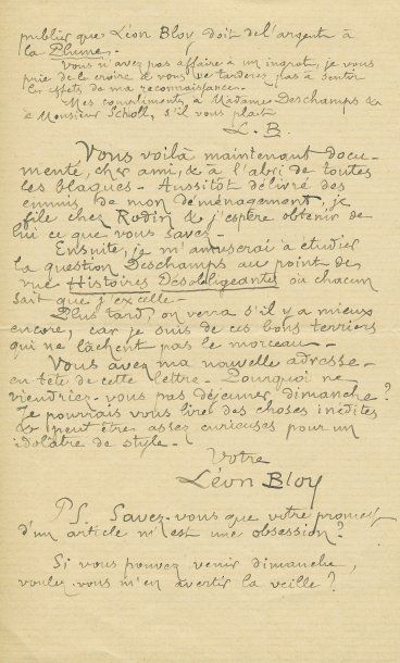 BLOY Léon (1846-1917) Ecrivain. Lettre autographe signée d'Antony le 18 octobre 1893,...