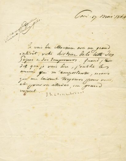 CHATEAUBRIAND François René Vicomte de (1768-1848), Littérateur. Lettre autographe...