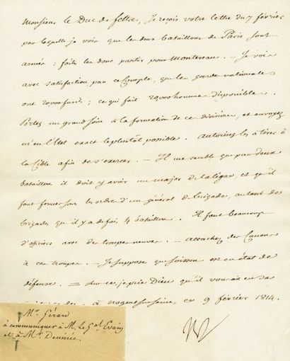 null Défense de Montereau. Lettre signée Np., adressée au Duc de Feltre, Ministre...