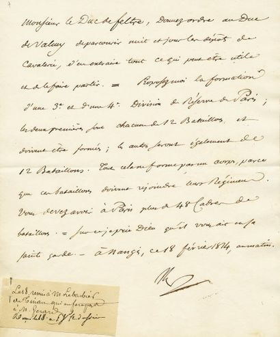 null Formation de division à Paris. Lettre signée Np., adressée au Duc de Feltre,...