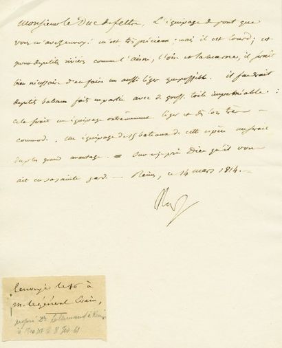 null Fabrication de bateaux légers. Lettre signé Nap., adressée au Duc de Feltre,...