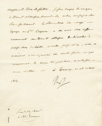 null Le Prince Ferdinand et la destruction des fortifications de Lérida. Lettre signée...