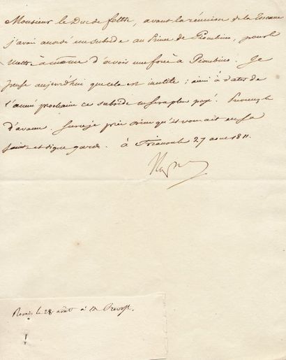 null Suppression de la contribution accordée au Prince de Piombino. Lettre signée...