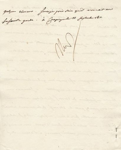 null Etat de distribution des chevaux. Lettre signée Nap., adressée au Duc de Feltre....