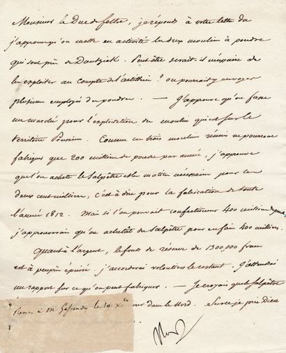 null Moulins à poudre de Dantzig et de Prusse. Lettre signée Nap., adressée au Duc...
