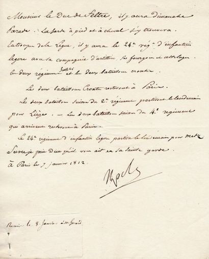 null Ordres pour les bataillons suisses et croates. Lettre signée Napole., adressée...