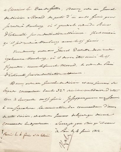 null Affectation des Généraux Durutte et Morand à Hambourg. Lettre signée Napole.,...