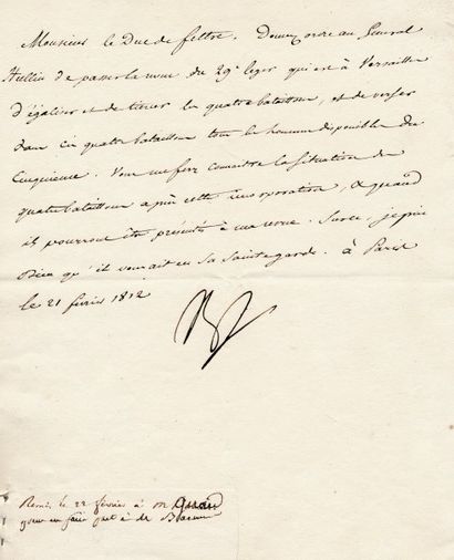null Ordres au Général Hullin. Lettre signée Np., adressée au Duc de Feltre, Ministre...
