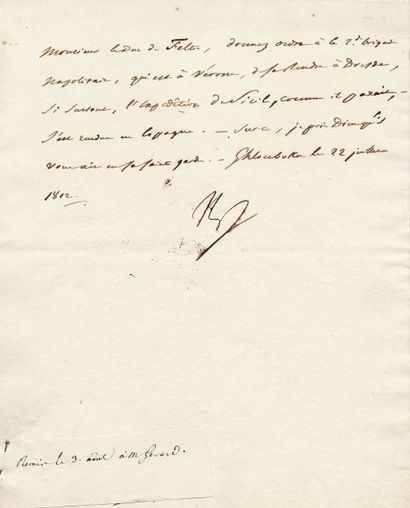 null Expédition de Sicile. Lettre signée Np., adressée au Duc de Feltre, Ministre...