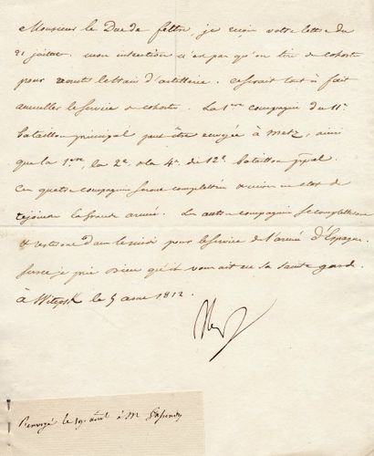 null Organisation de la Grande Armée. Lettre signée Nap., adressée au Duc de Feltre,...