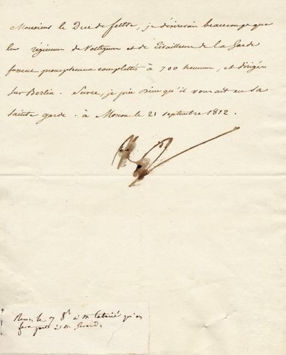 null Régiment de Voltigeur et de Tirailleur de la Garde. Lettre signée Np., adressée...