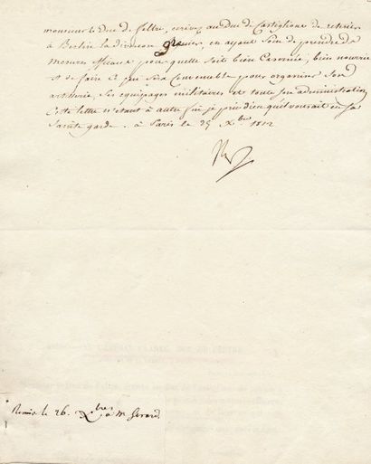 null Division Grenier. Lettre signée Np., adressée au Duc de Feltre, Ministre de...