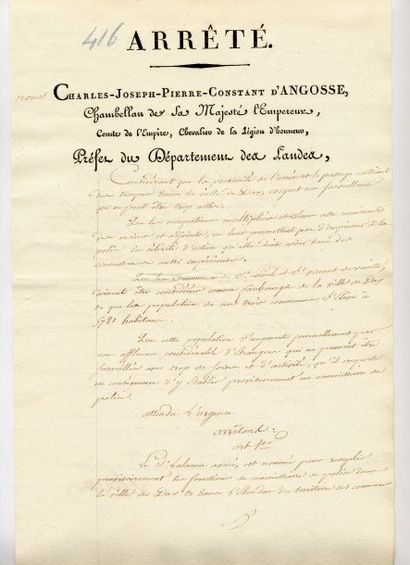 null Cinq lettres signées de Charles Joseph Pierre Constant d'Angosse, Préfet du...