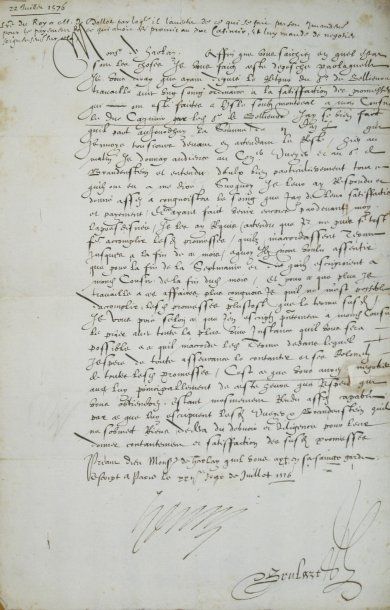 HENRI III Pièce signée « Henri » adressée à M. De Dollot concernant des négociations...