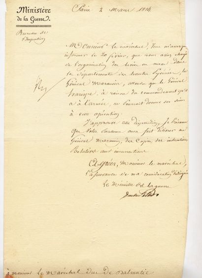 null Courriers adressés du 1er au 10 mars 1814 au Maréchal Soult, par le Duc de Feltre,...