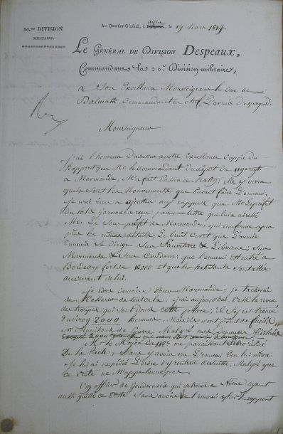 null Courriers adressés du 10 au 19 mars 1814, au Duc de Dalmatie à propos des combats...