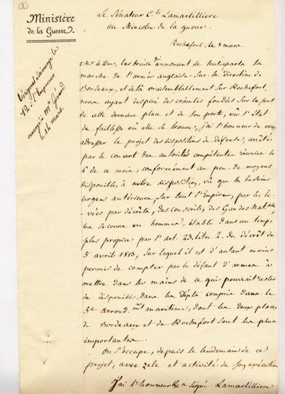 null Rochefort, Mars 1814. Copie de la lettre du Sénateur Comte Lamartillière au...