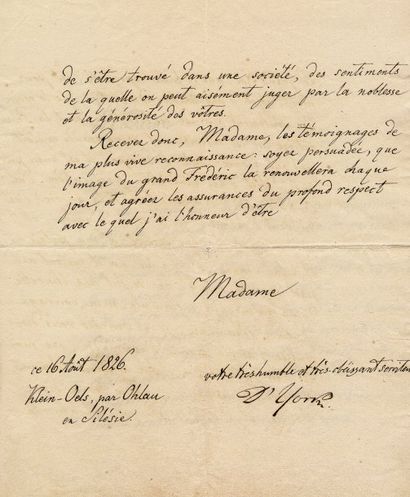 YORCK Jean David Louis (1759-1830) Comte de Wartenburg, Général Prussien. Lettre...