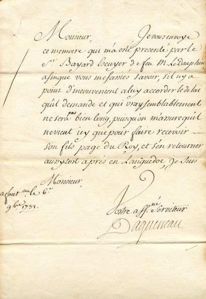 AGUESSEAU Henry-François d' (1668-1751) Chancelier de France Une lettre autographe...