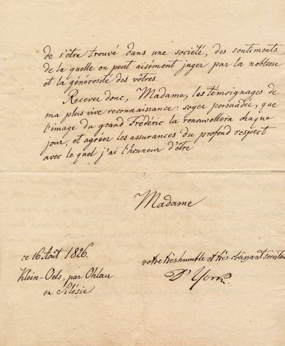YORCK Jean David Louis (1759-1830) Comte de Wartenburg, Général Prussien Lettre autographe...