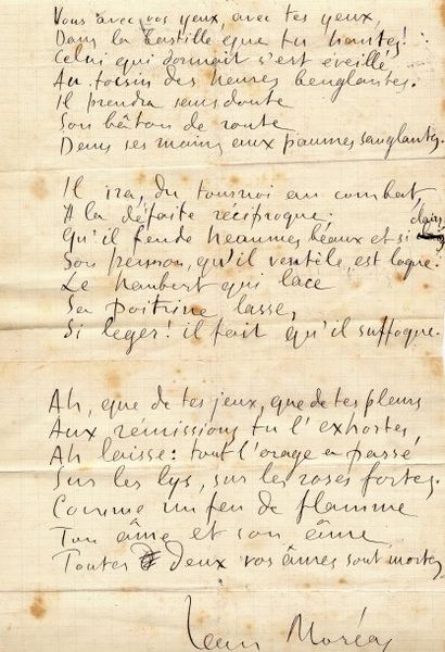 MOREAS Jean (1856-1910) Poète Poème manuscrit composé de 3 septains signés, comportant...