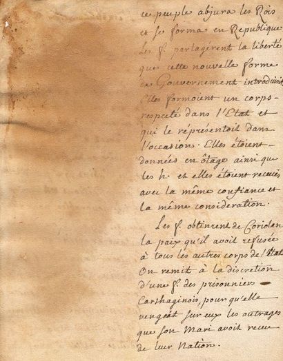 ROUSSEAU Jean-Jacques (1712-1778) Manuscrit autographe titré "de l'Histoire Romaine"...