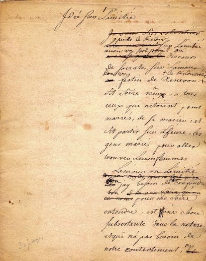 ROUSSEAU Jean-Jacques (1712-1778) Manuscrit autographe intitulé "Idée sur l'Amitié"....