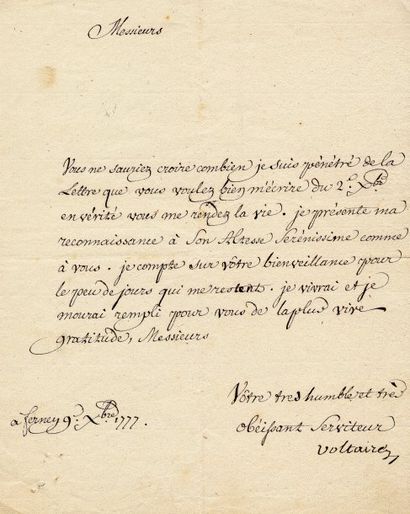 VOLTAIRE François Marie Arouet de (1694-1778) Lettre signée, dictée à son secrétaire...
