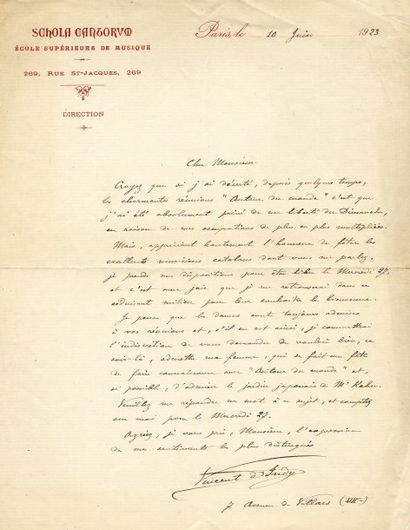 D'INDY Vincent (1851-1931) Compositeur Ensemble de 19 lettres autographes signées...
