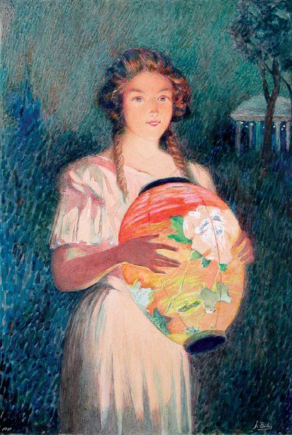 J. BILIS, début du XXe siècle Jeune femme au lampion, 1911. Aquarelle signée en bas...