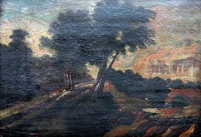 ÉCOLE FRANÇAISE, XIXe siècle Paysage romantique. Huile sur panneau. 24,5 x 34,5 cm...