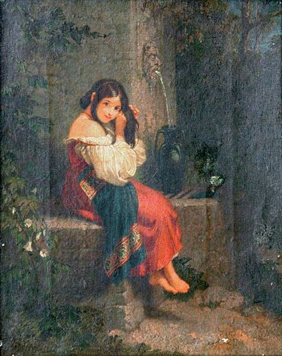 ÉCOLE FRANÇAISE ou ANGLAISE, XIXe siècle Fillette à la fontaine. Huile sur toile....