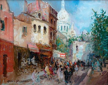 Mério AMEGLIO (1897-1970) Ruelle animée à Montmartre. Huile sur toile signée en bas...