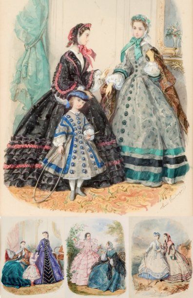 Anaïs TOUDOUZE (1822-1899) Mode féminine du Second Empire. Projets pour gravures...