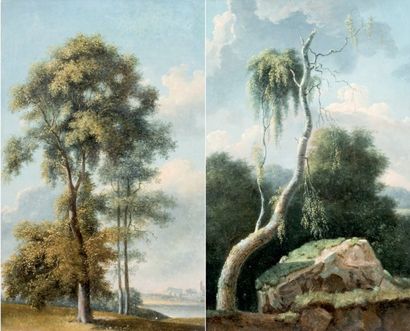 École Française du XIXe siècle Paysages aux grands arbres Paire d'huile sur carton....