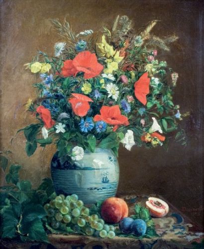 DECOURCELLE (XIXe siècle) Bouquet de fleurs aux coquelicots Huile sur toile signée...