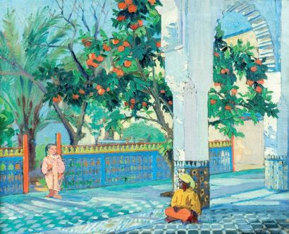 DROUOT-CORDIER (XXe siècle) Deux enfants dans un patio à Fez Huile sur toile signée...